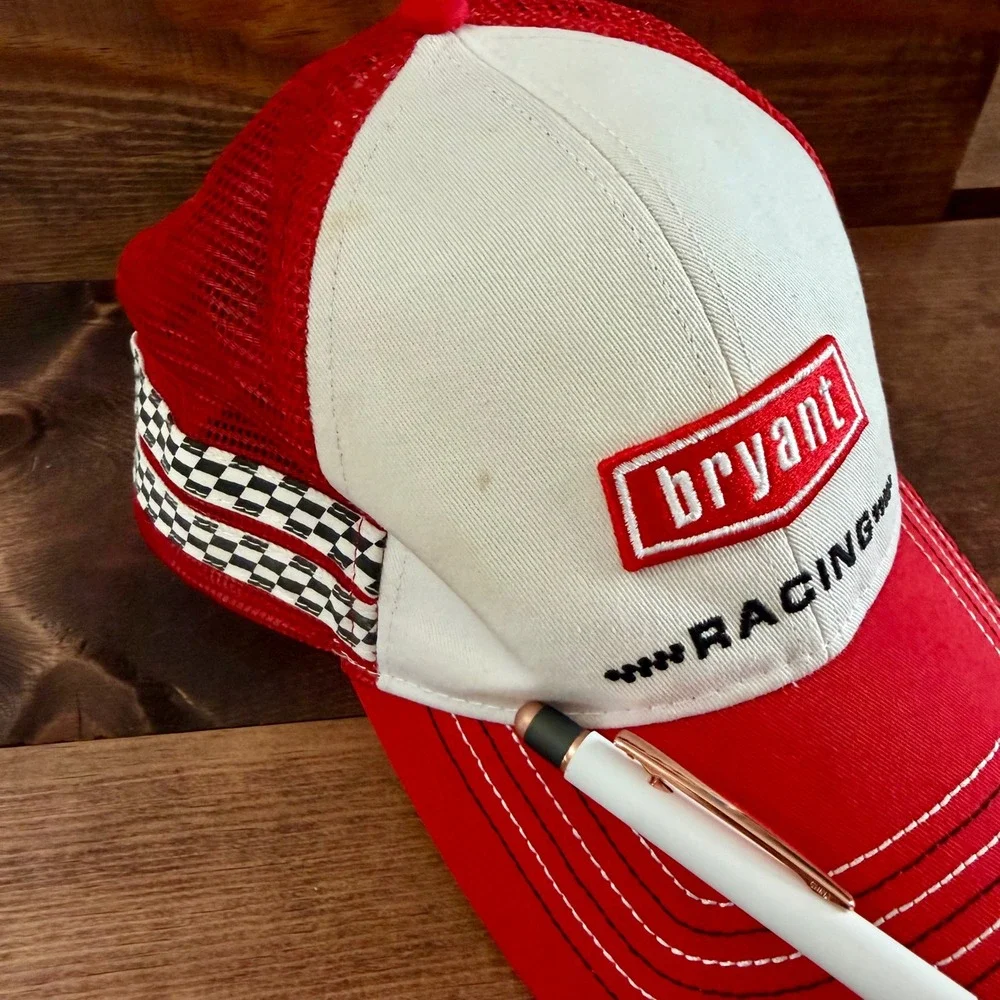 Bryant Racing Trucker Hat Red White Checkered Mesh Snapback Cap Automotive